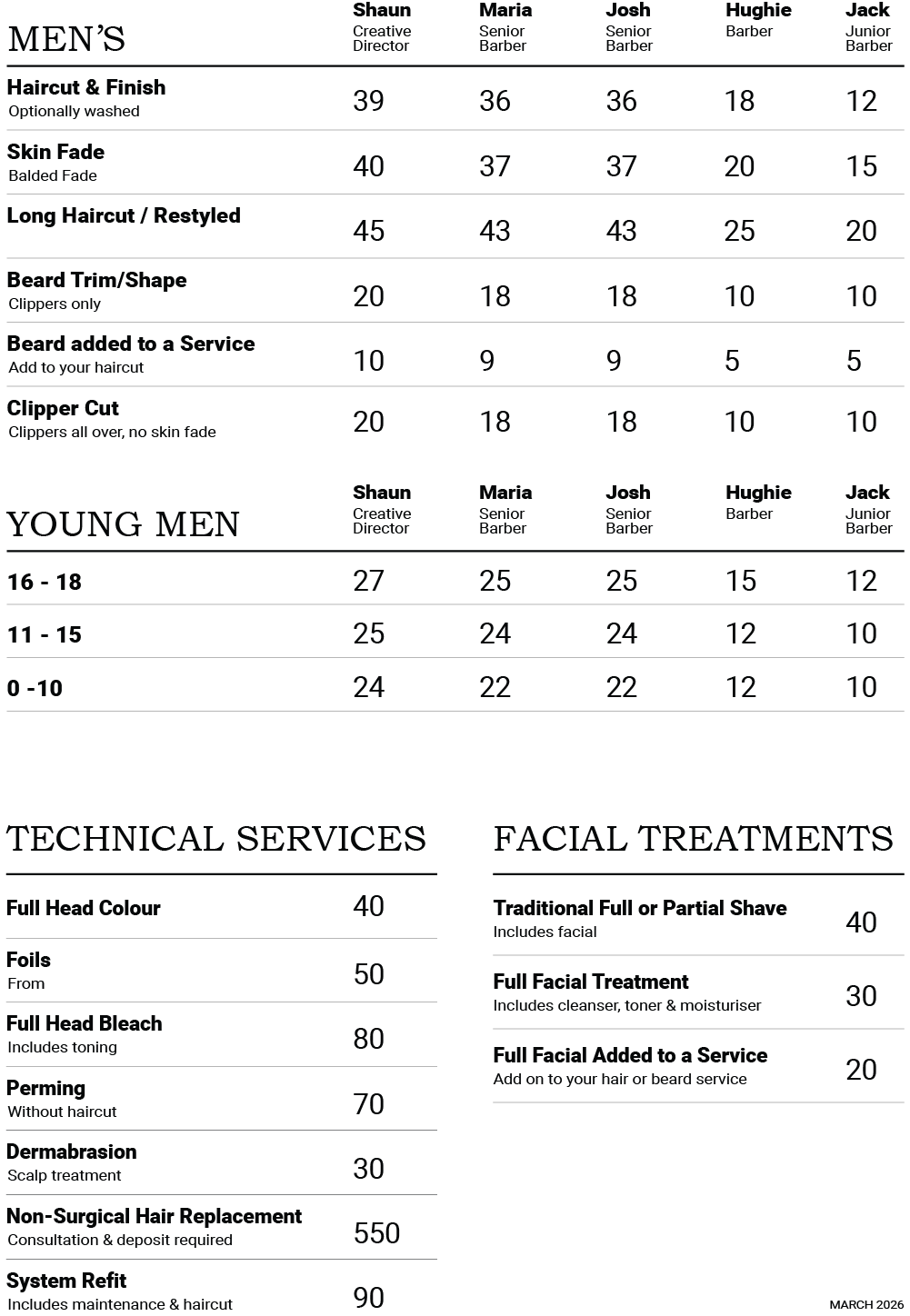 FG MAN Barbers in Stafford Price List