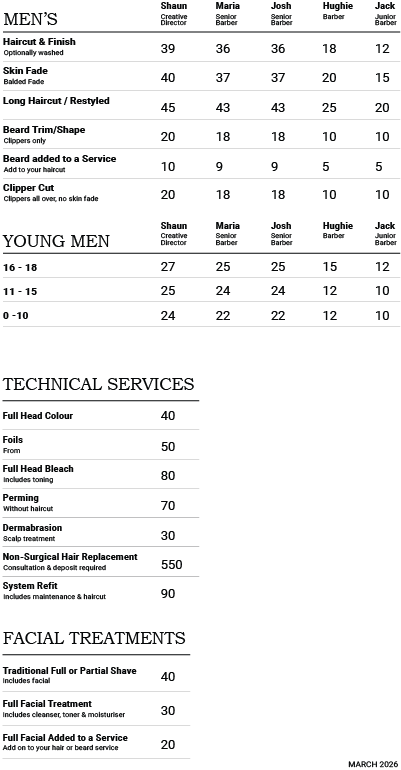 FG MAN Barbers in Stafford Price List