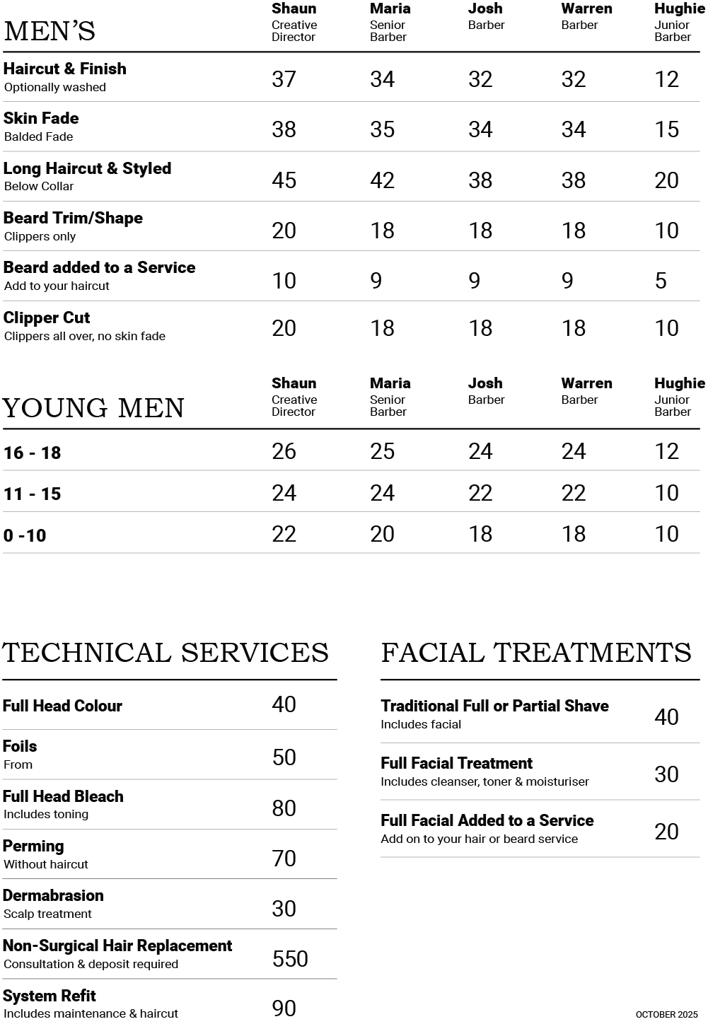 FG MAN Barbers in Stafford Price List