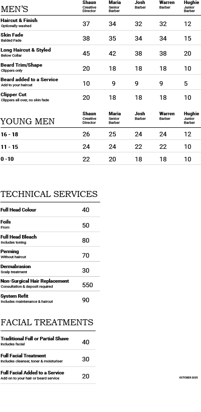 FG MAN Barbers in Stafford Price List